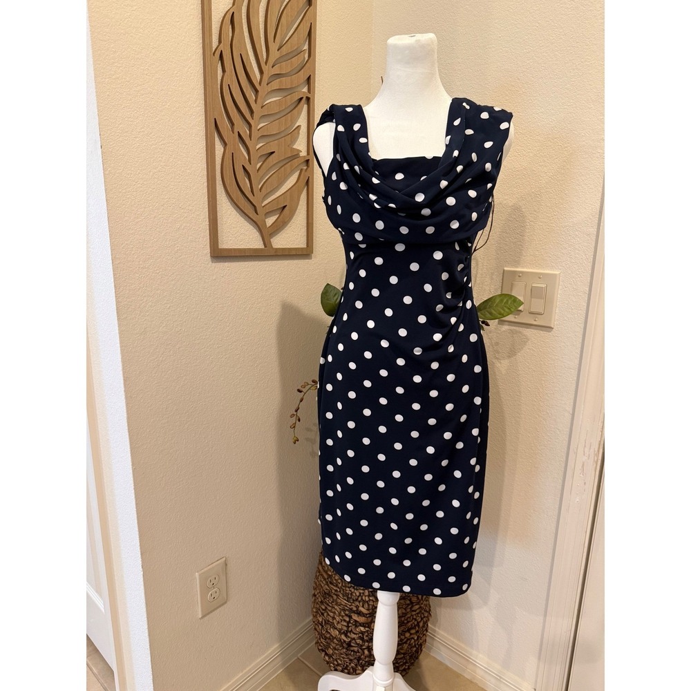 Connected Apparel Navy Blue White Polka Dot Cowl Neck Ruched Sheath Dress 6